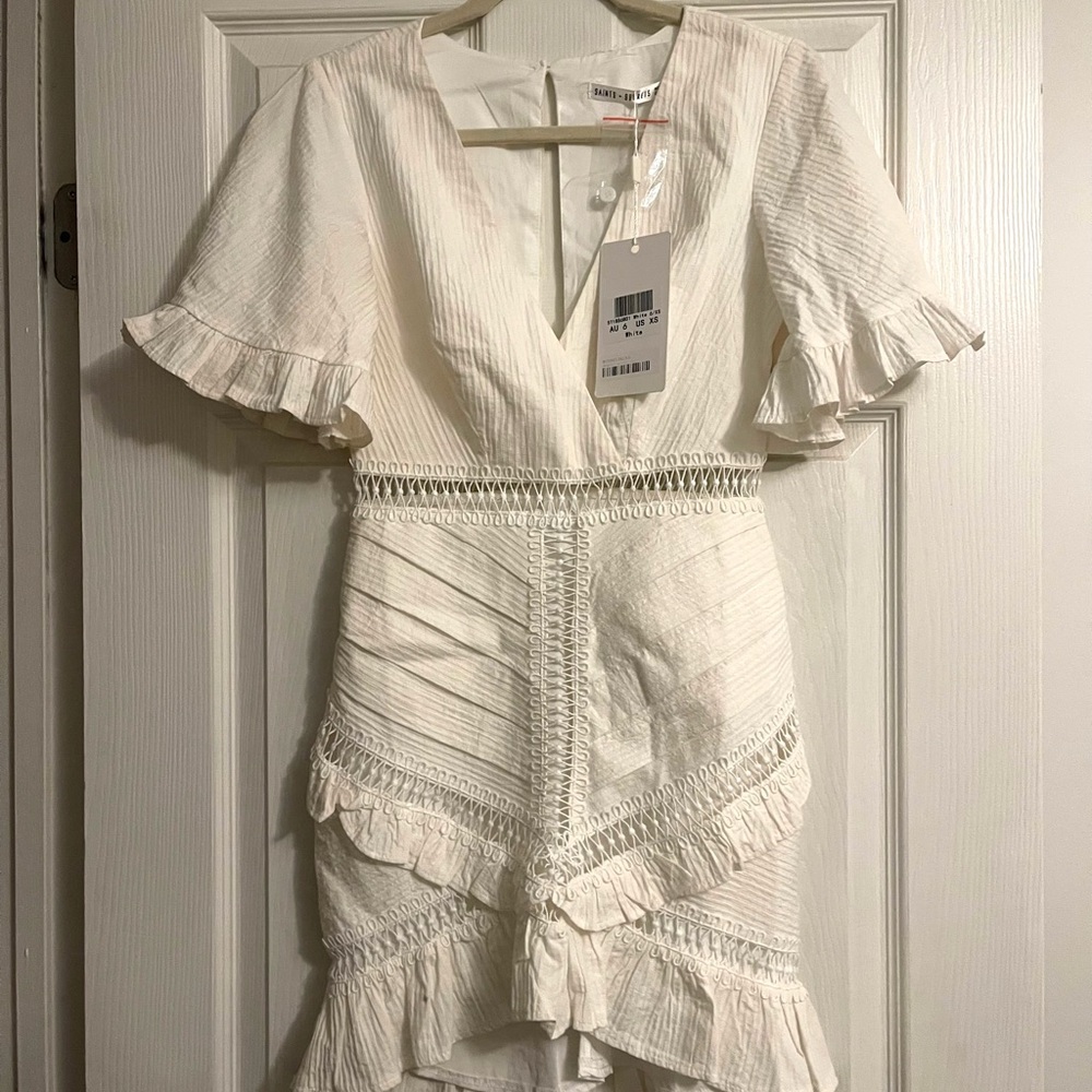White Ruffled Tiered Mini Dress with Flutter Sleeves